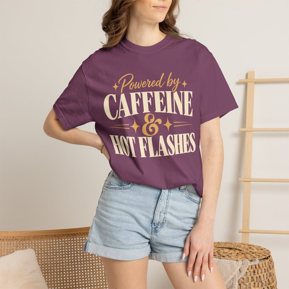 Powered by caffeine & hot flashes T-shirt