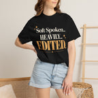 Soft spoken.  Heavily edited T-shirt