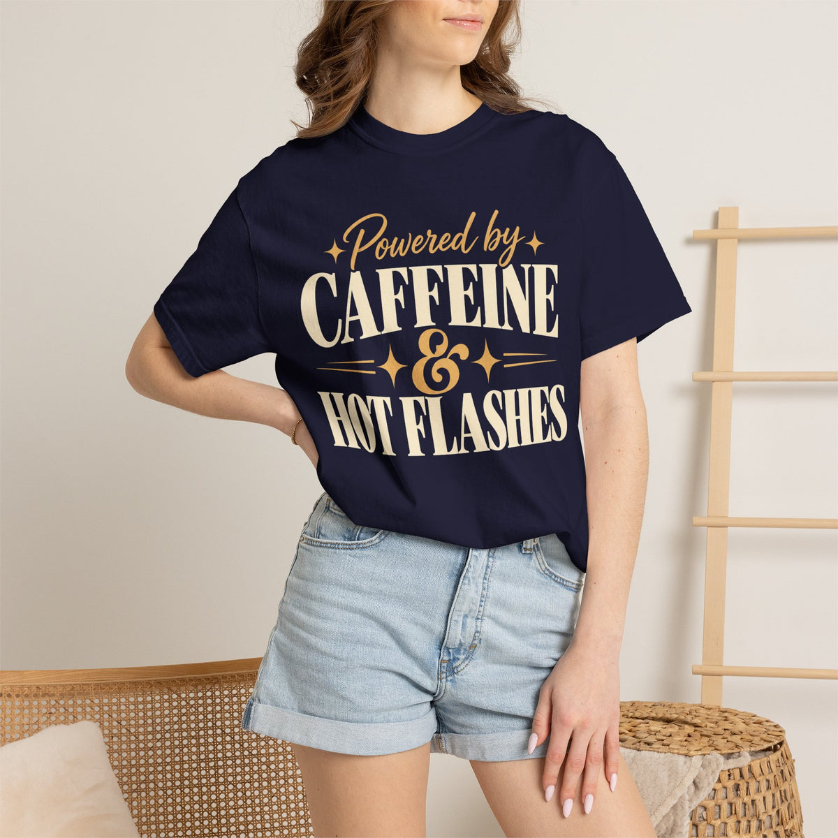 Powered by caffeine & hot flashes T-shirt