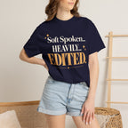 Soft spoken.  Heavily edited T-shirt